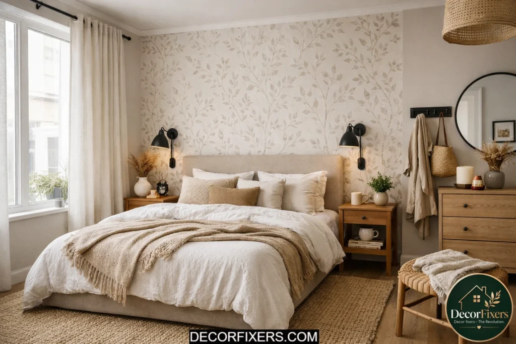 Rental-friendly Scandinavian bedroom with removable decor upgrades.