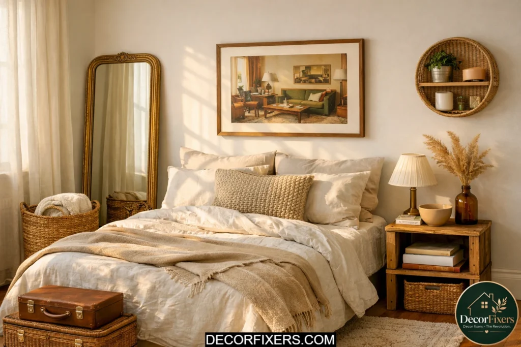 Bedroom decorated with repurposed home decor items for an affordable makeover