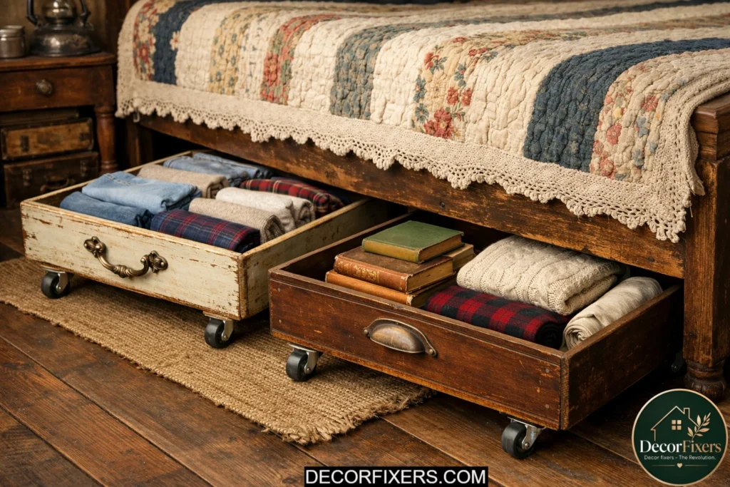 Repurposed dresser drawers used for rolling underbed storage
