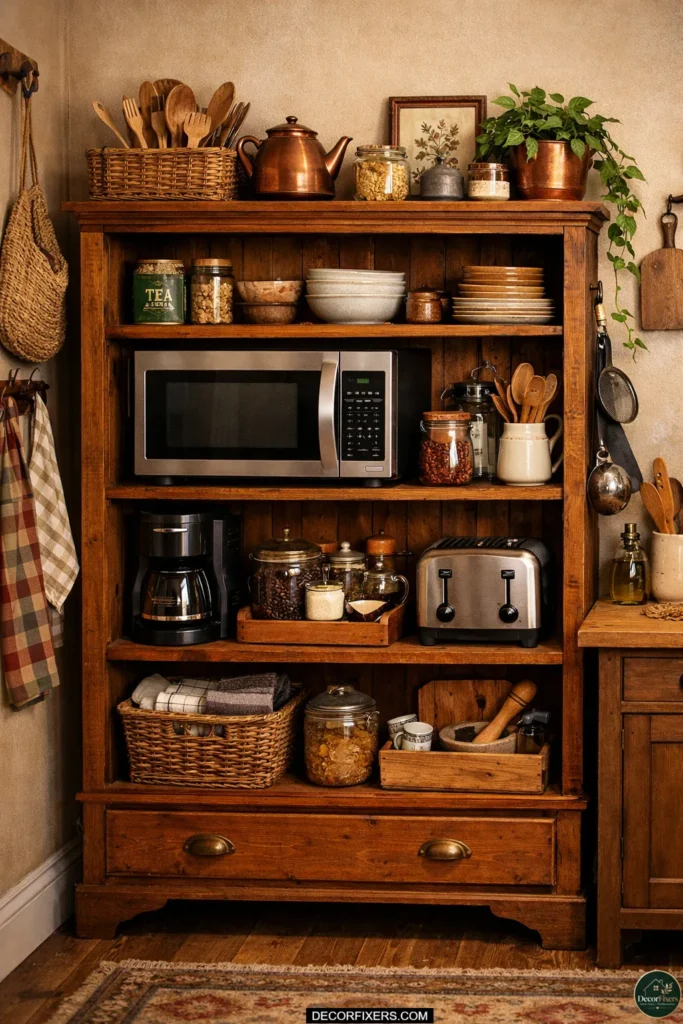 A vintage repurposed bookshelf or console table styled as a kitchen appliance station, holding small appliances in a farmhouse-style kitchen