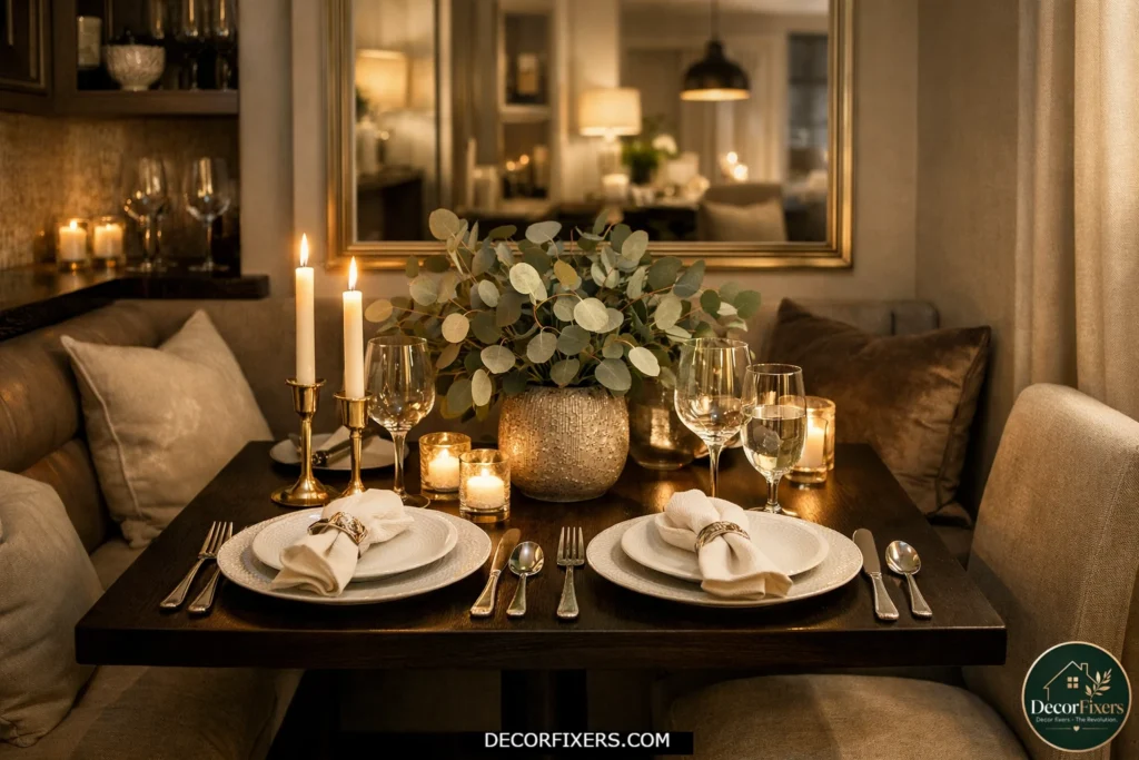 Tiny dining room styled with an elegant restaurant-inspired table setting and warm ambiance.