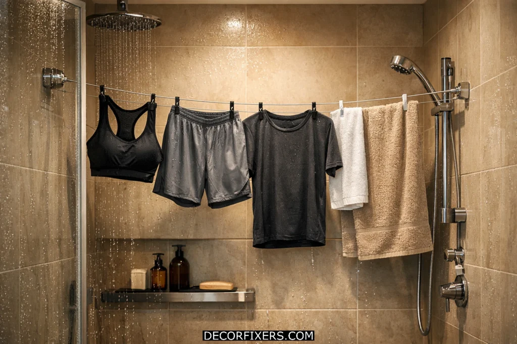 Retractable clothesline extended across compact shower area holding towels and gym clothes to dry