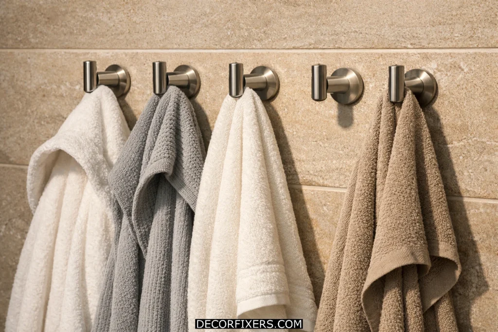 Brushed nickel robe hook cluster holding towels and robes on compact bathroom wall