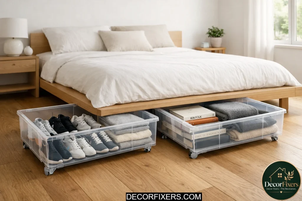 Rolling underbed storage bins with shoes and blankets in a modern bedroom