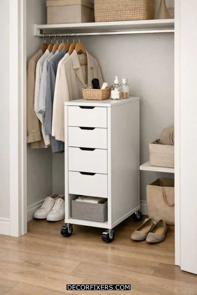 Rolling drawer cart in a narrow reach-in closet.