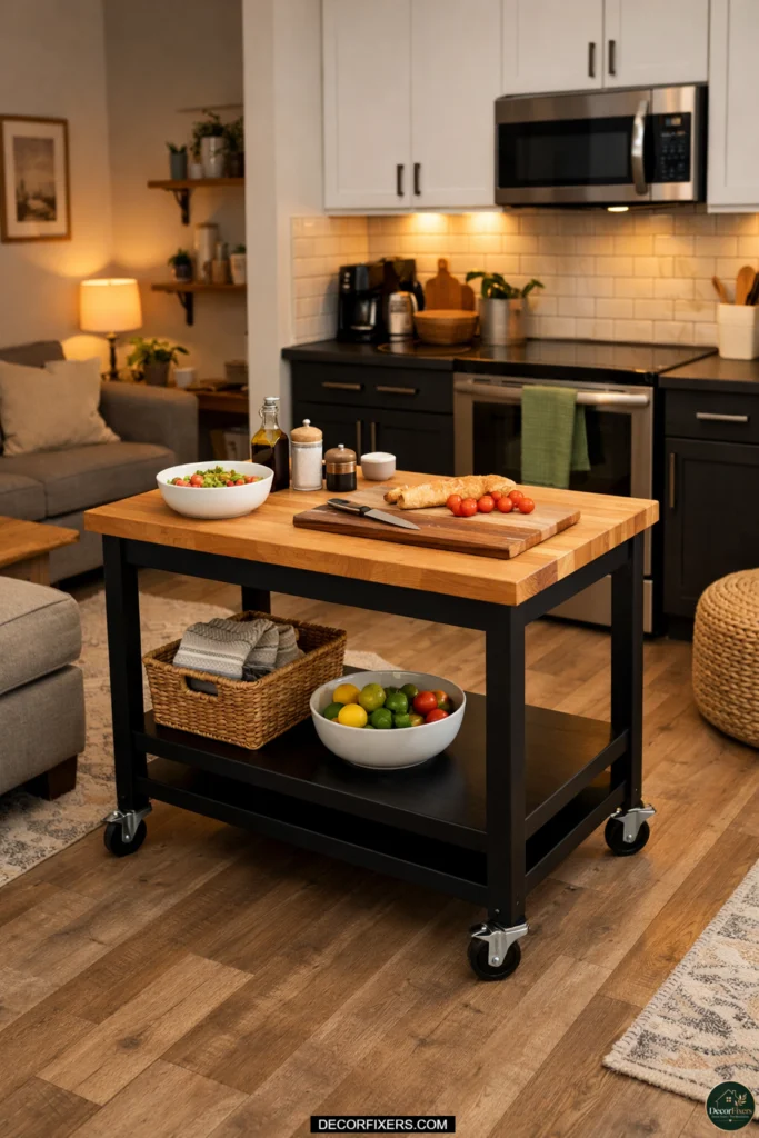 Rolling butcher block island in a tiny open-plan kitchen