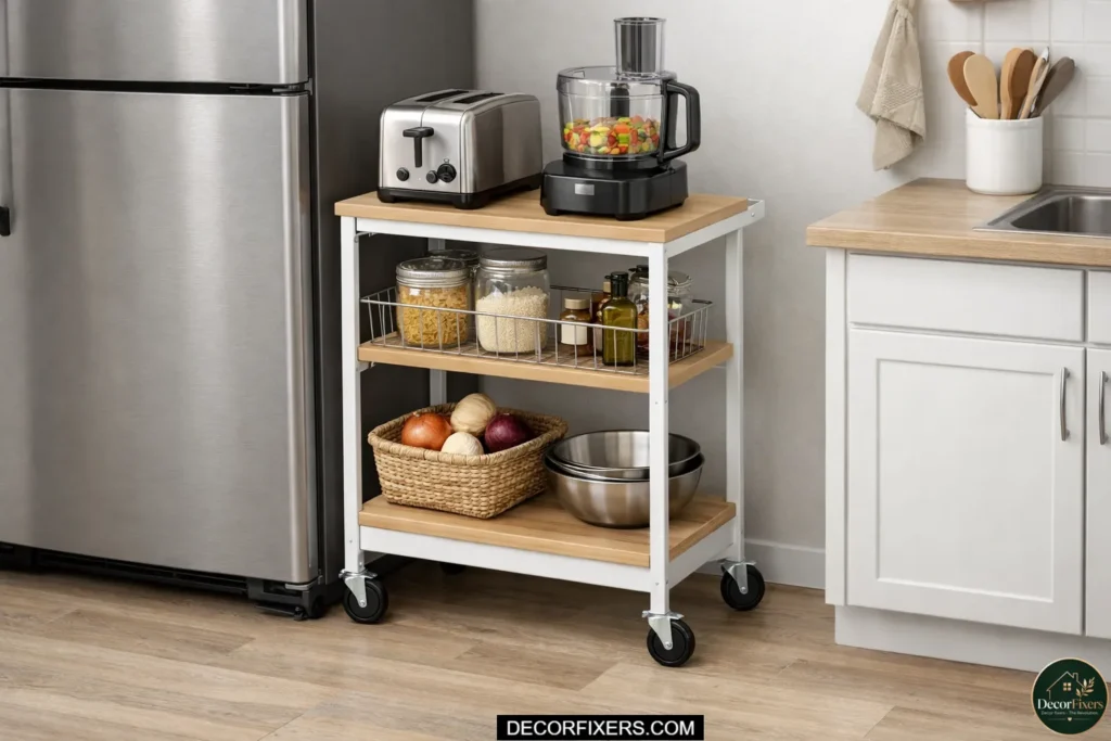 A slim rolling kitchen cart parked beside a refrigerator, holding a toaster and food processor with lockable wheels and a lower shelf