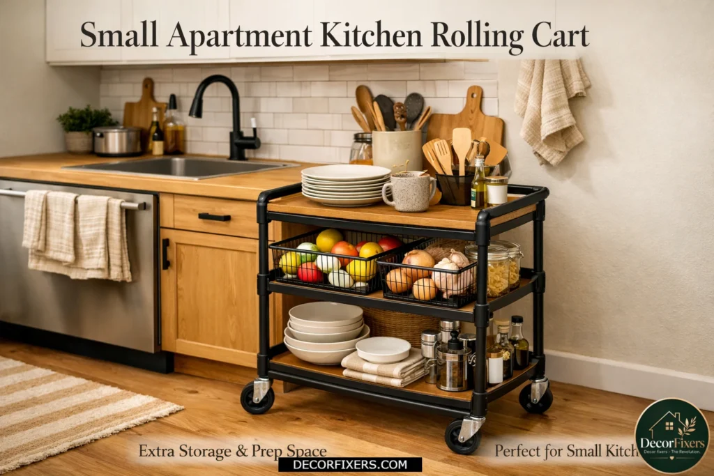 Rolling kitchen cart adding extra storage and prep space in a tiny apartment kitchen.