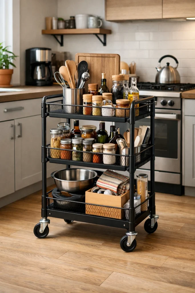 Rolling kitchen utility cart for extra storage in a compact apartment kitchen