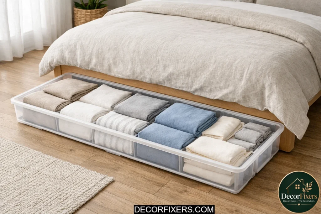 Rolling underbed box storing spare bedding sets