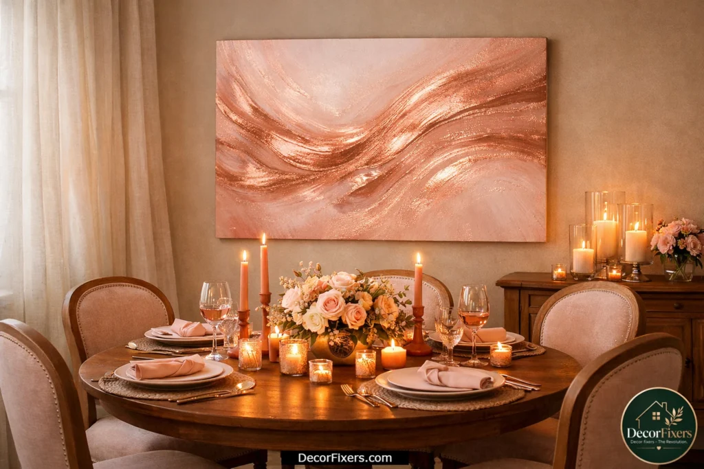 Rose gold abstract canvas wall art creating a warm romantic dining room atmosphere
