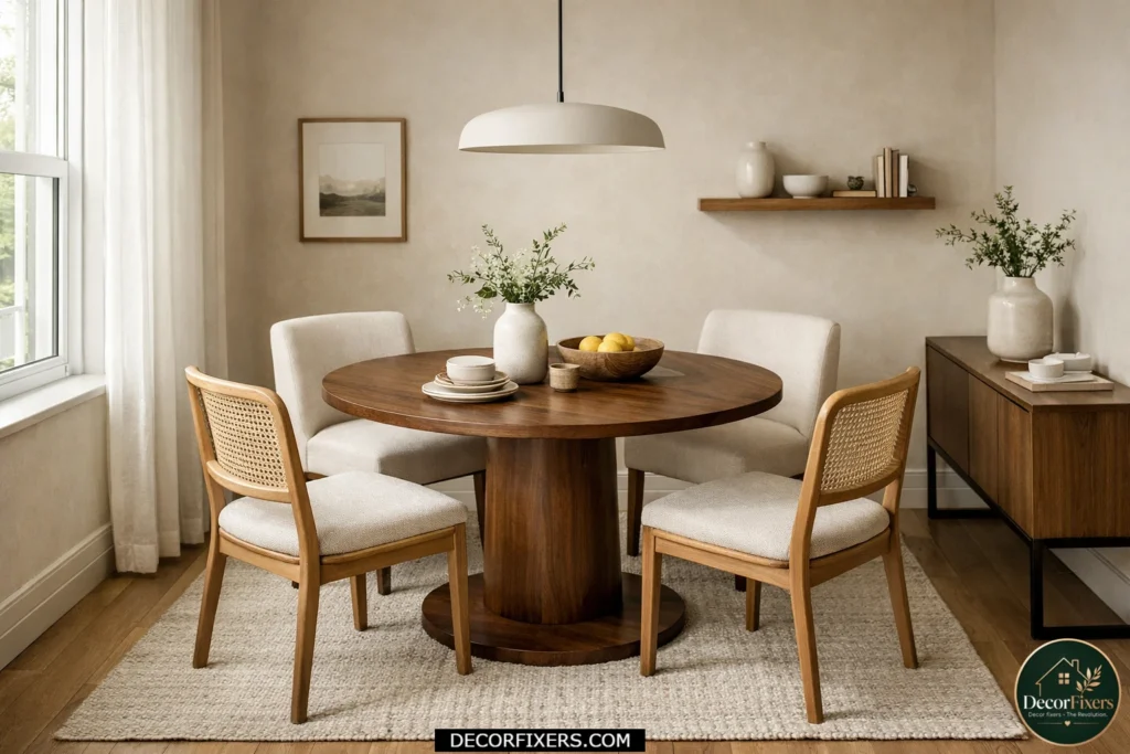 Small dining room with a walnut round dining table and mixed seating for better traffic flow