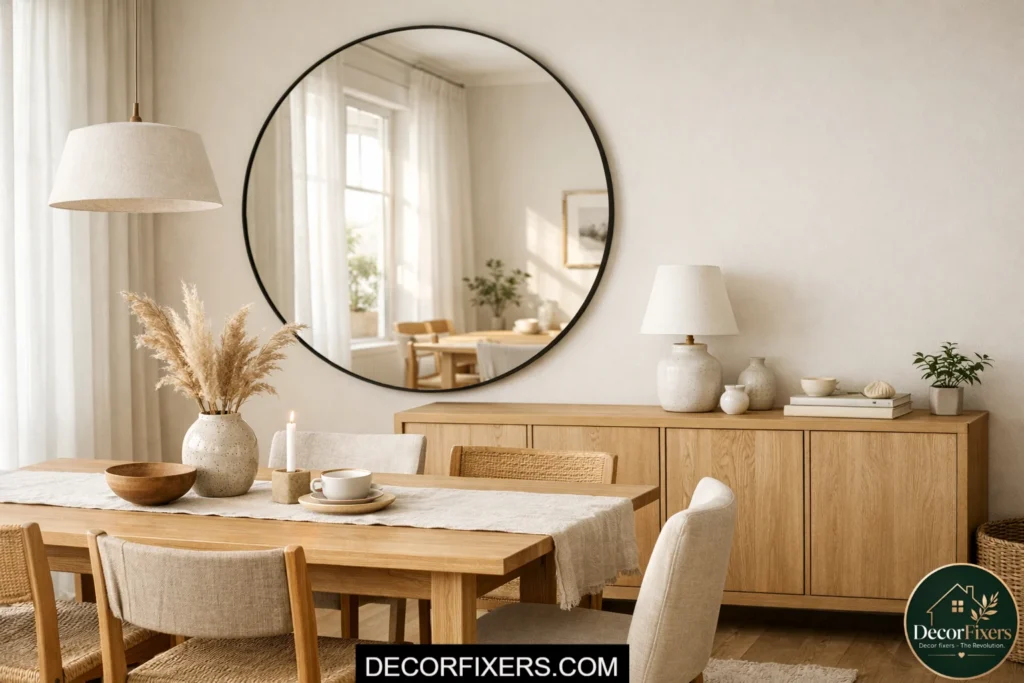 Scandinavian dining room with oversized round mirror reflecting natural light