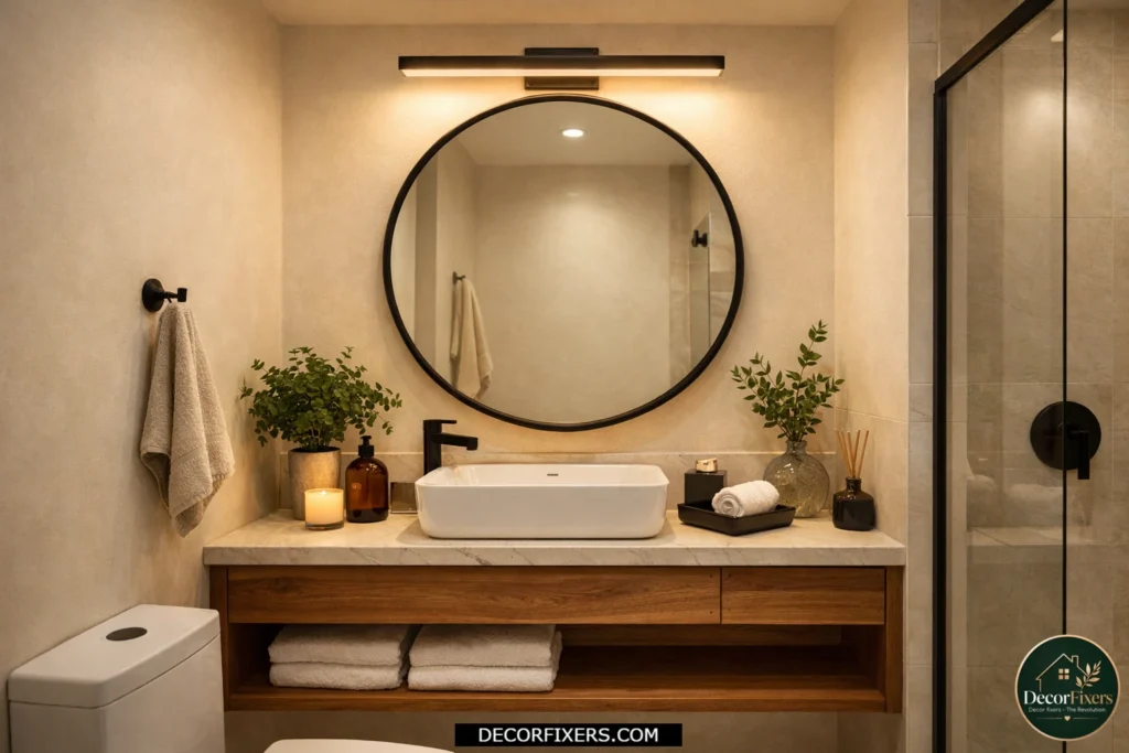 Compact bathroom styled with a round mirror and modern vanity lighting for a softer spacious feel.