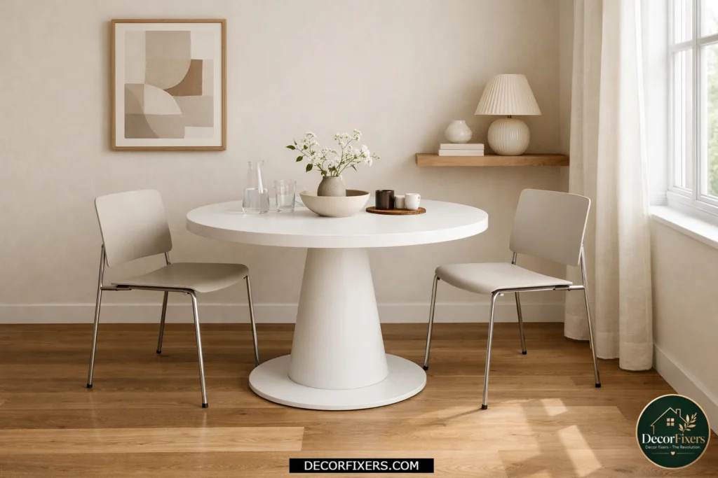 Round pedestal dining table in a small apartment dining corner with stackable chairs and open floor flow.