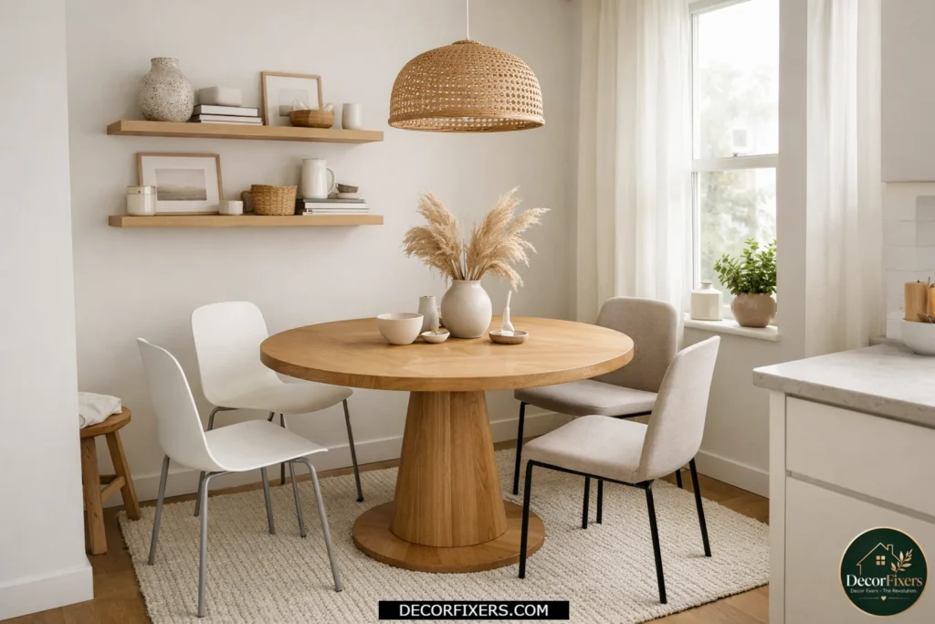 Tiny dining room with a round wooden dining table and slim chairs creating an open and spacious layout.