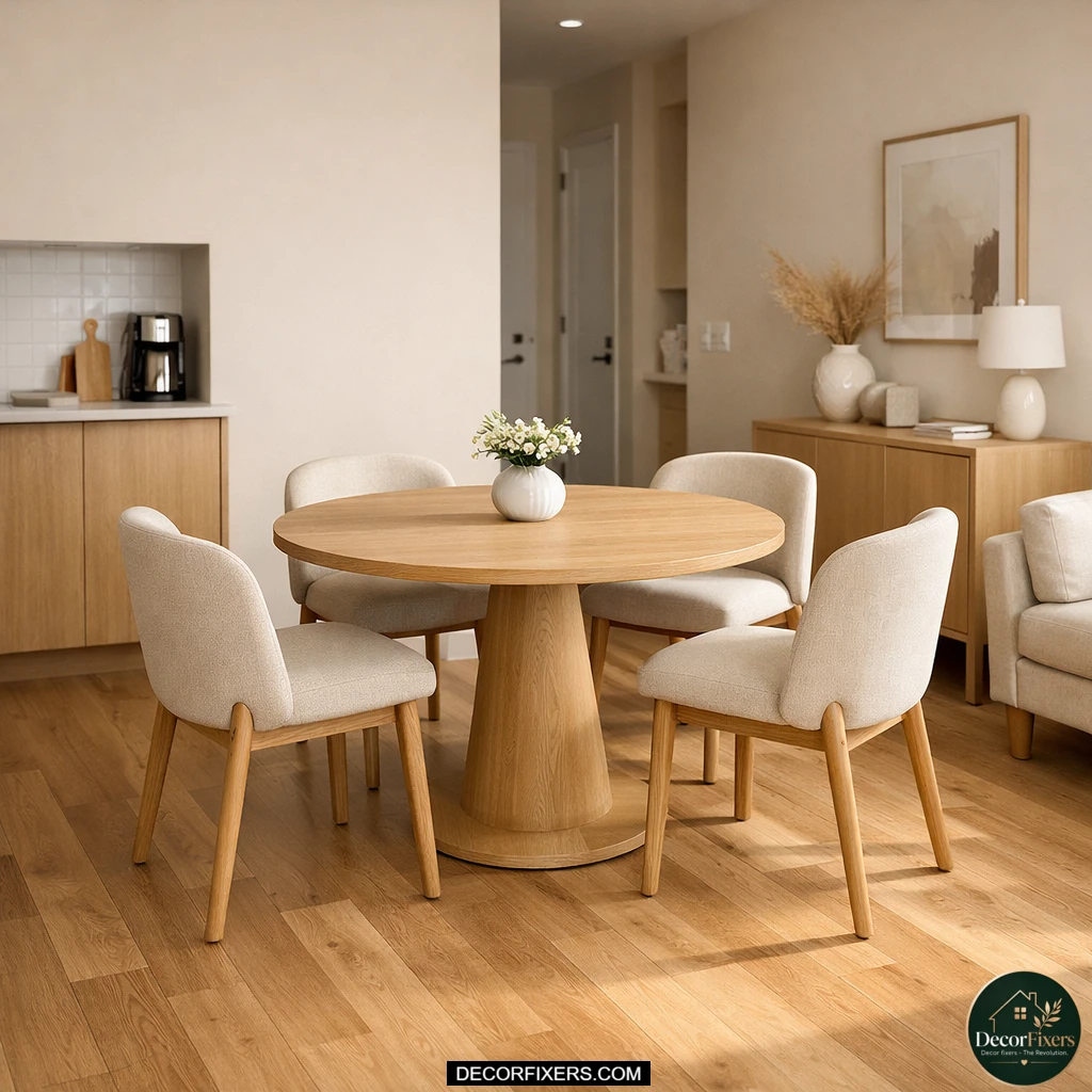 Small modern dining room with round pedestal table saving space in compact apartment