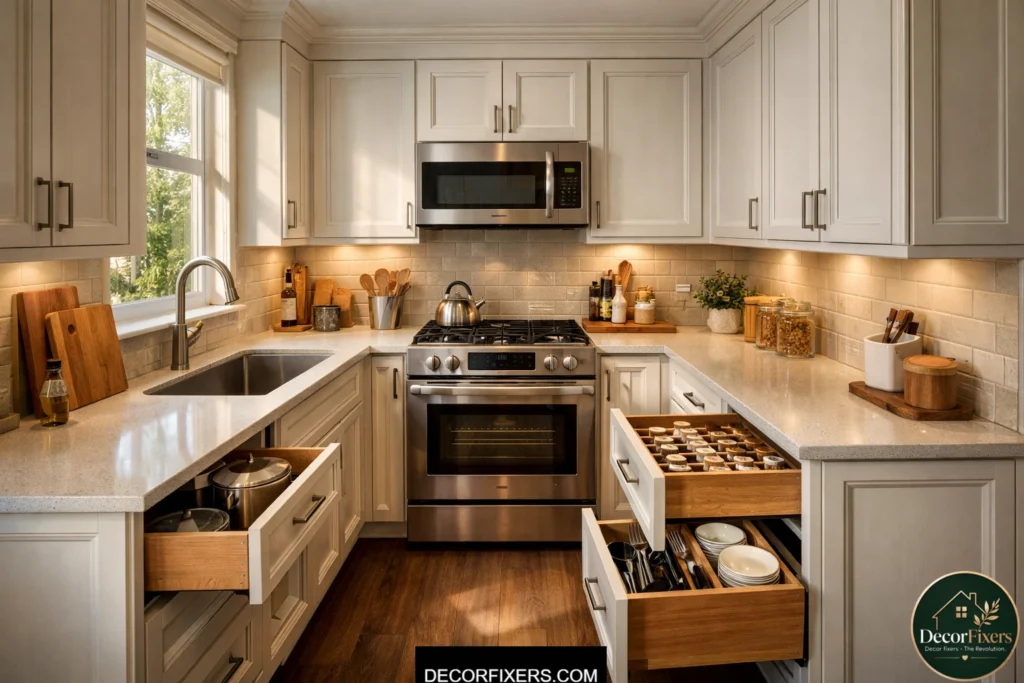 Ready-to-assemble cabinets giving a semi-custom look in a small kitchen
