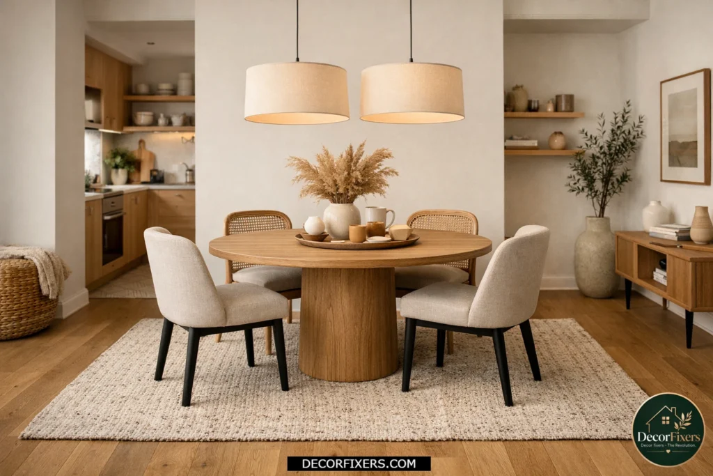 Compact dining table placed on a large rug to define the dining area.