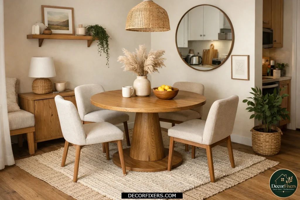 Tiny dining room with a large area rug defining the dining zone in an open layout.