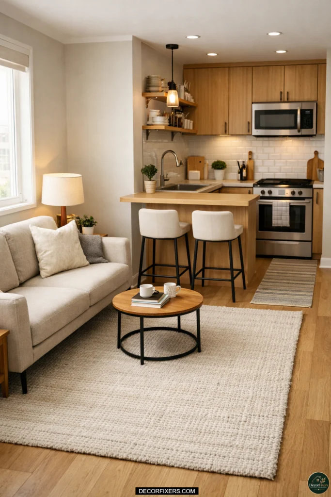 Large rug creating separation in a tiny open-plan kitchen and living room
