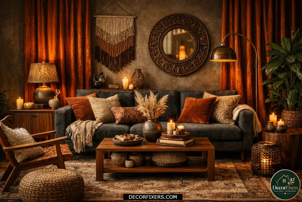 Burnt orange curtains bringing warmth to a luxury living room.