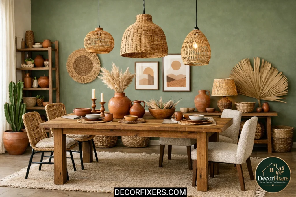 Boho dining room with warm sage accent wall