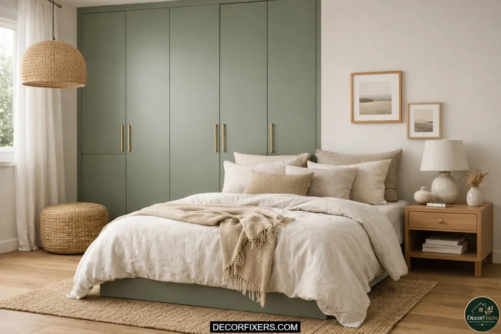 Sage green modular wardrobe with elegant brass hardware in a cozy bedroom.