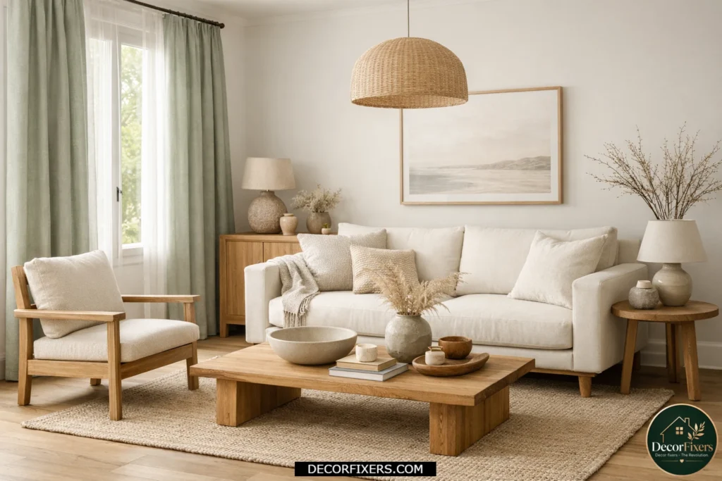Sage green curtains creating a calming nature-inspired living room.