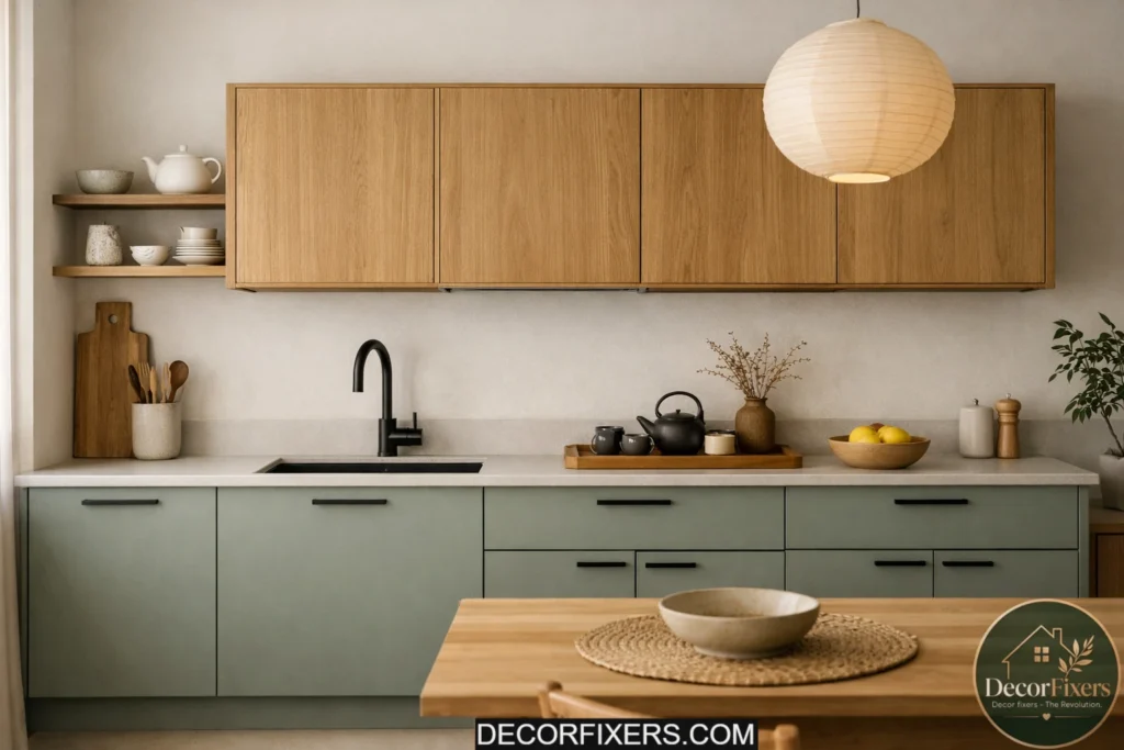 Japandi kitchen featuring muted sage green cabinetry and oak accents.