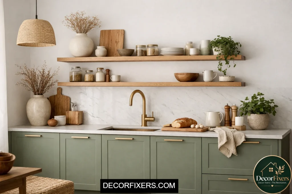 Sage green Scandinavian kitchen cabinets with oak accents