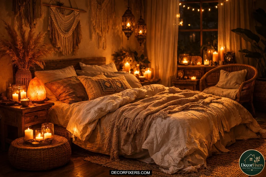 Nighttime bohemian bedroom illuminated with Himalayan salt lamp glow, flickering candles, layered linen bedding, and warm cozy ambient lighting.