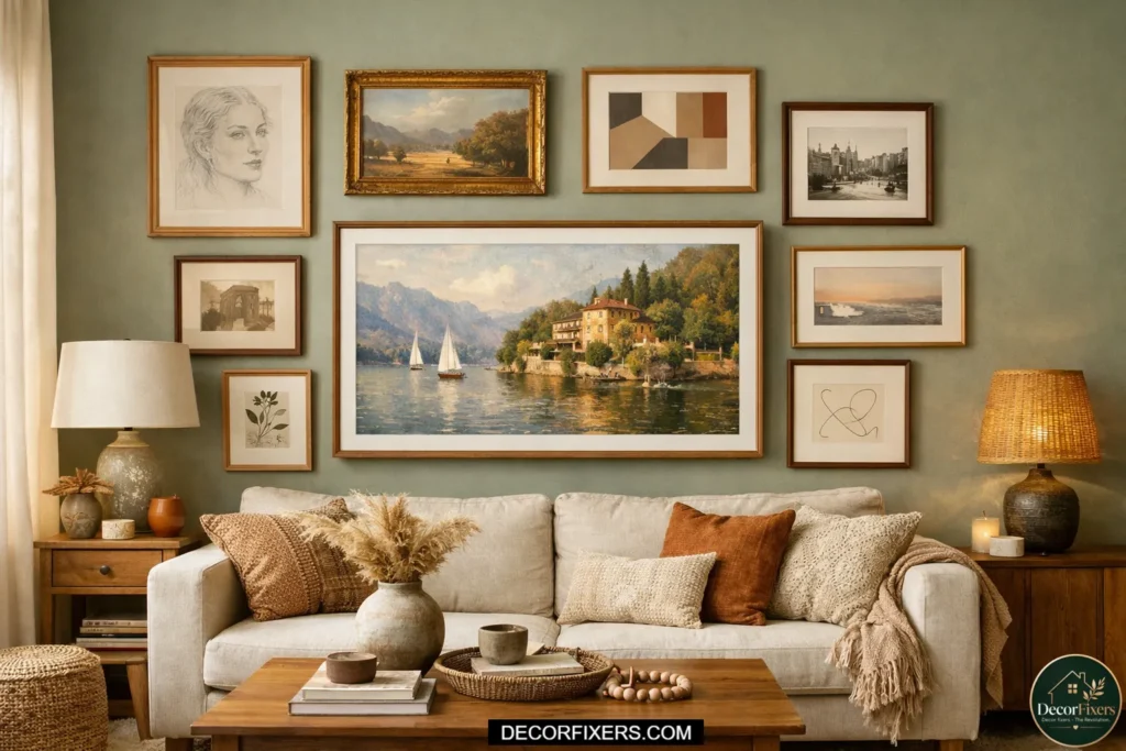 A Samsung The Frame TV mounted within a curated gallery wall arrangement displaying artwork, surrounded by matching frames on a warm terracotta-toned wall