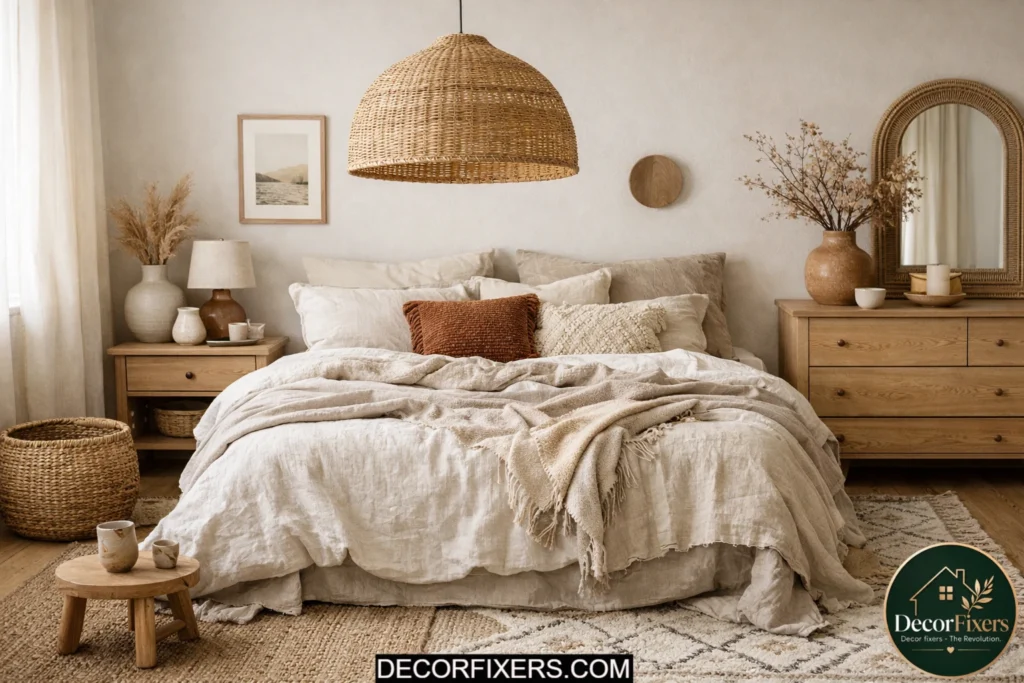 Scandinavian boho bedroom with earthy textures and layered decor.
