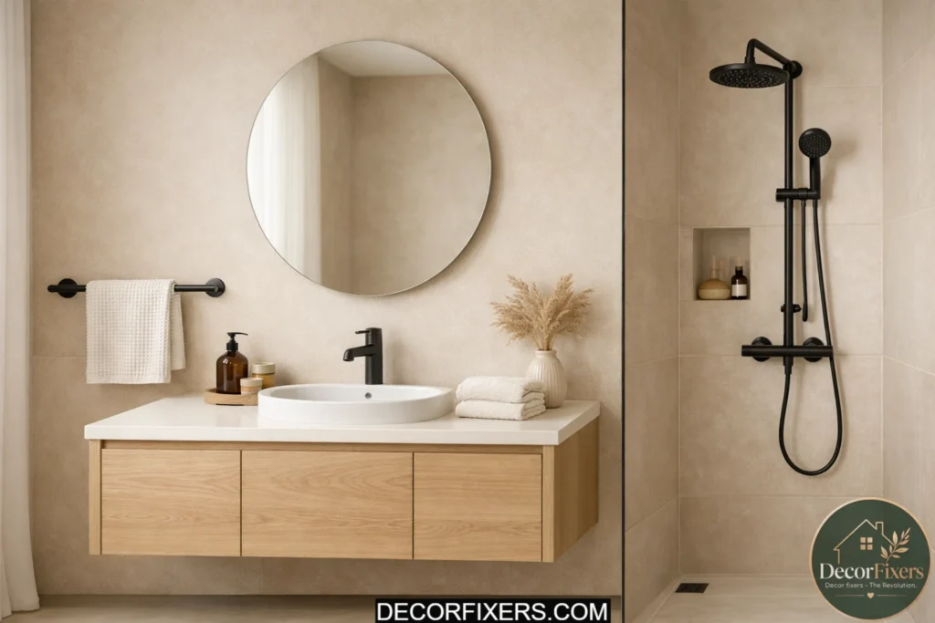 Nordic bathroom using balanced neutral colors with black accents.