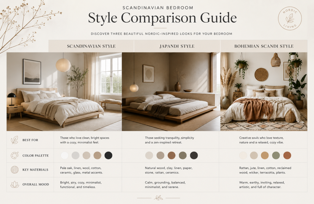 Comparison table of Scandinavian, Japandi, and Boho Scandi bedroom styles with minimalist infographic design.