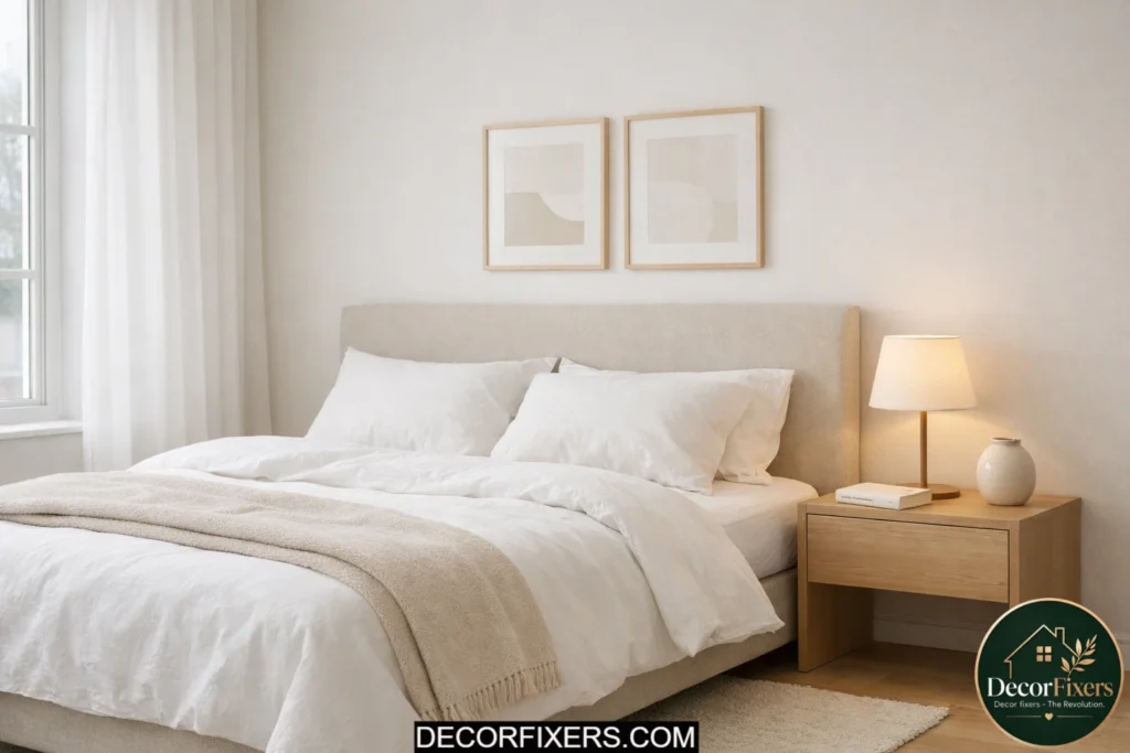 Minimal Scandinavian bedroom with decluttered surfaces and calming decor.