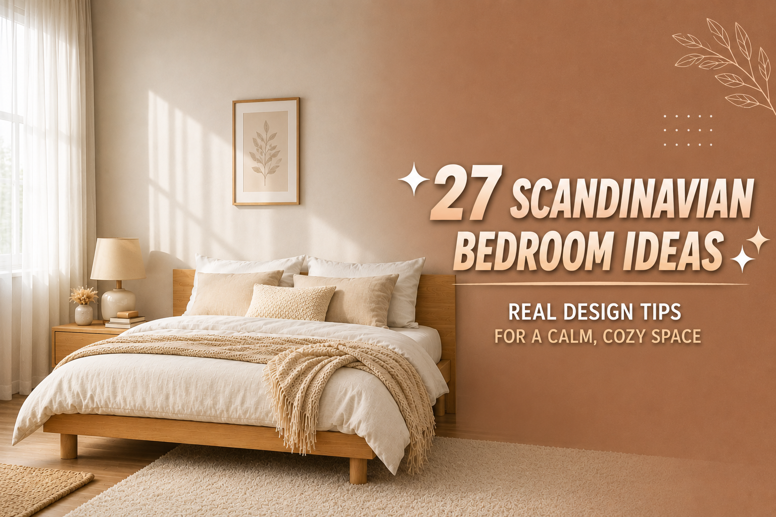 Featured Scandinavian bedroom design with warm neutral tones and bold title text overlay on the right side.