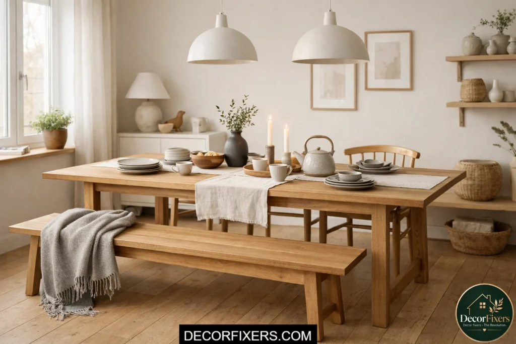 Scandinavian dining room with wooden bench seating and cozy wool throw styling