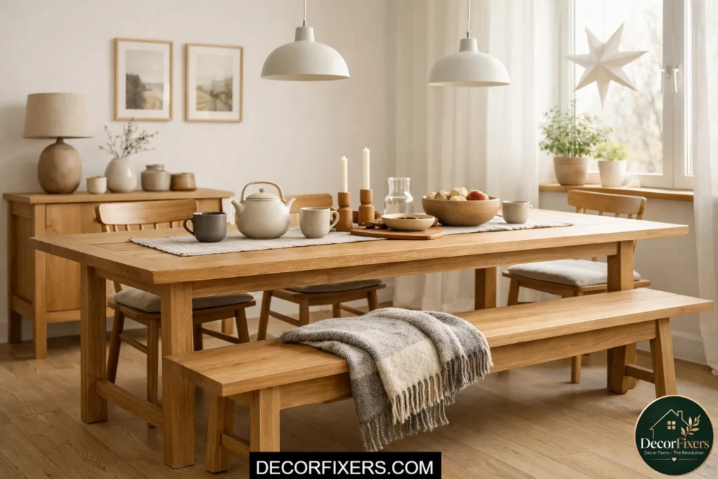Scandinavian dining room with large jute rug grounding a light oak dining table