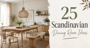 Bright Scandinavian dining room with oak furniture, woven pendant light, bench seating, and title text “25 Scandinavian Dining Room Ideas” on the right side