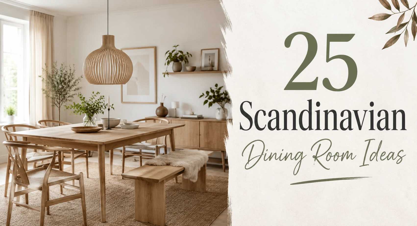 Bright Scandinavian dining room with oak furniture, woven pendant light, bench seating, and title text “25 Scandinavian Dining Room Ideas” on the right side