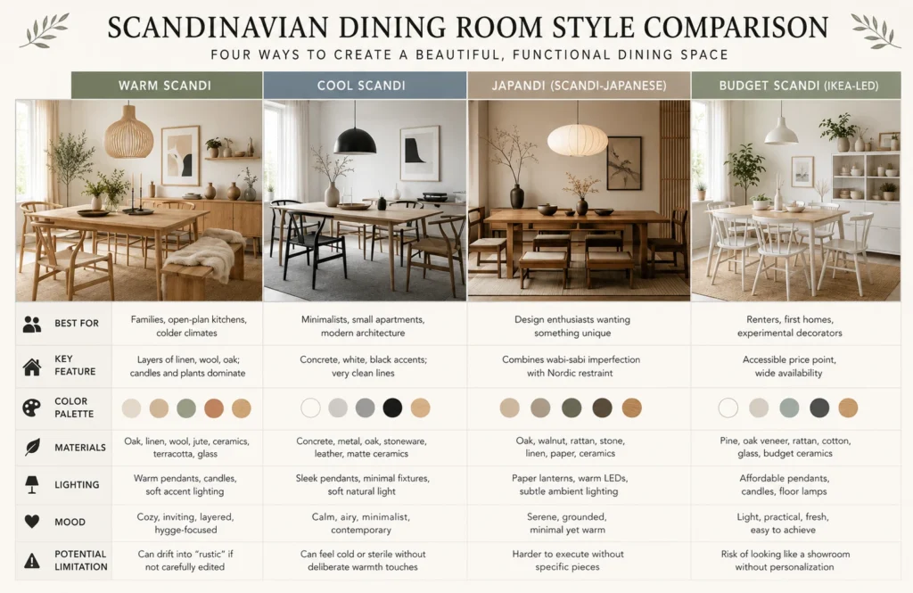 Comparison table graphic showing Warm Scandi, Cool Scandi, Japandi, and Budget Scandinavian dining room styles with key features and limitations in a minimalist Nordic layout

