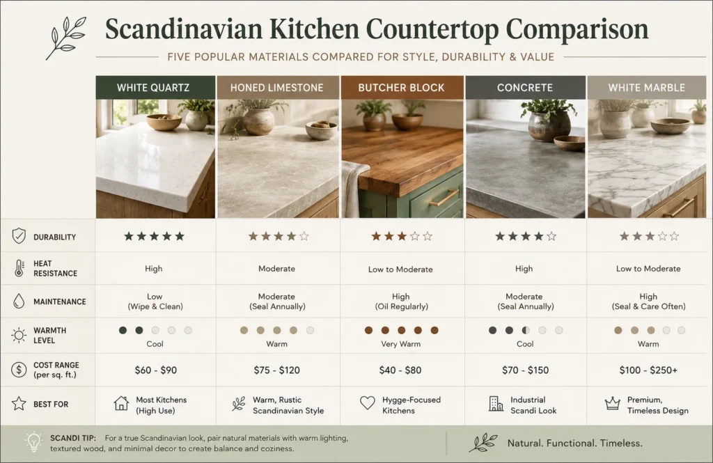 Scandinavian kitchen countertop material comparison table