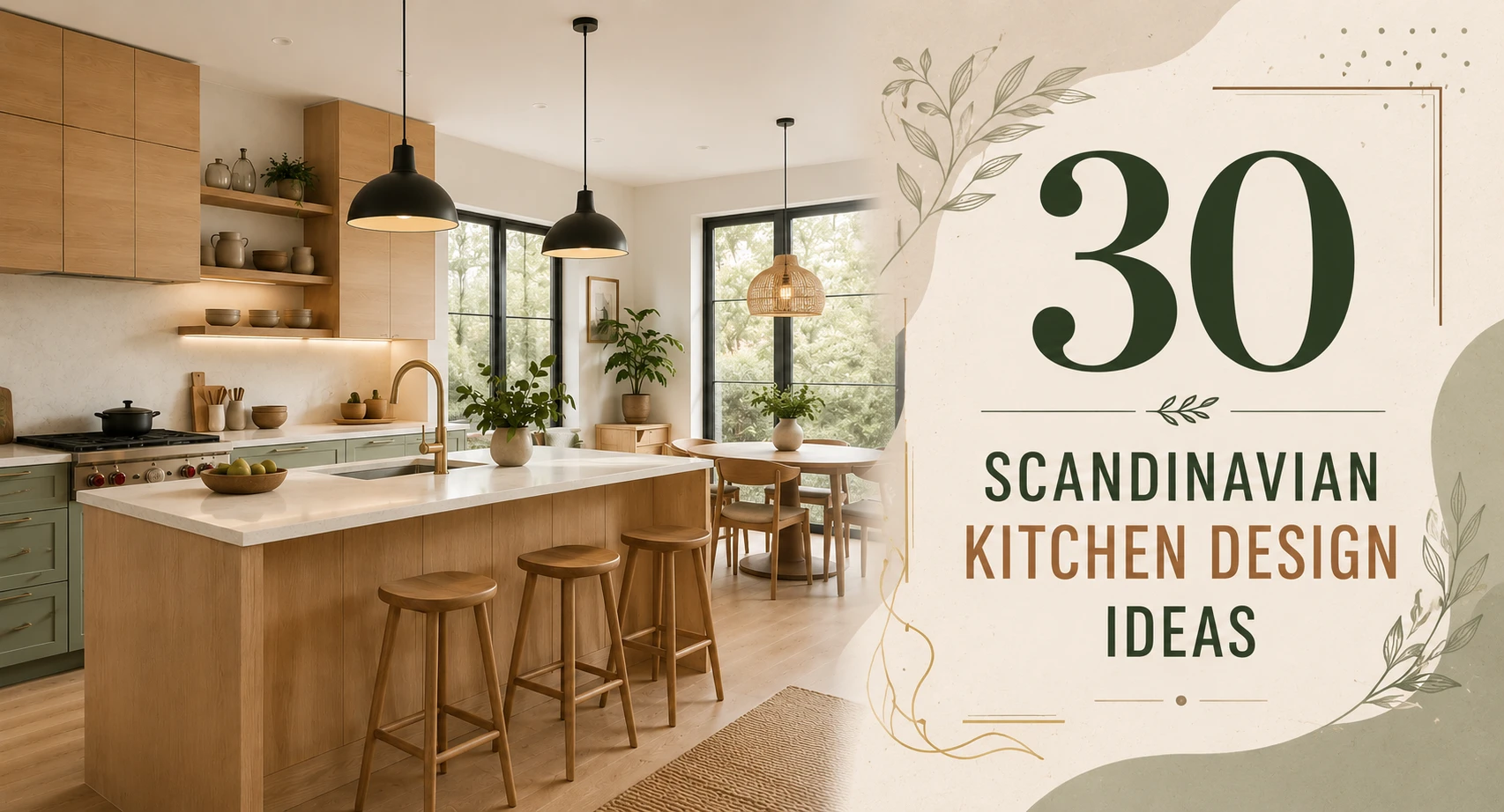 Scandinavian kitchen feature image with oak cabinets and Nordic styling
