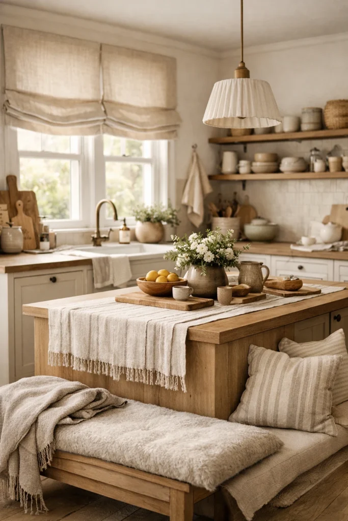 Linen textiles in warm Scandinavian kitchen