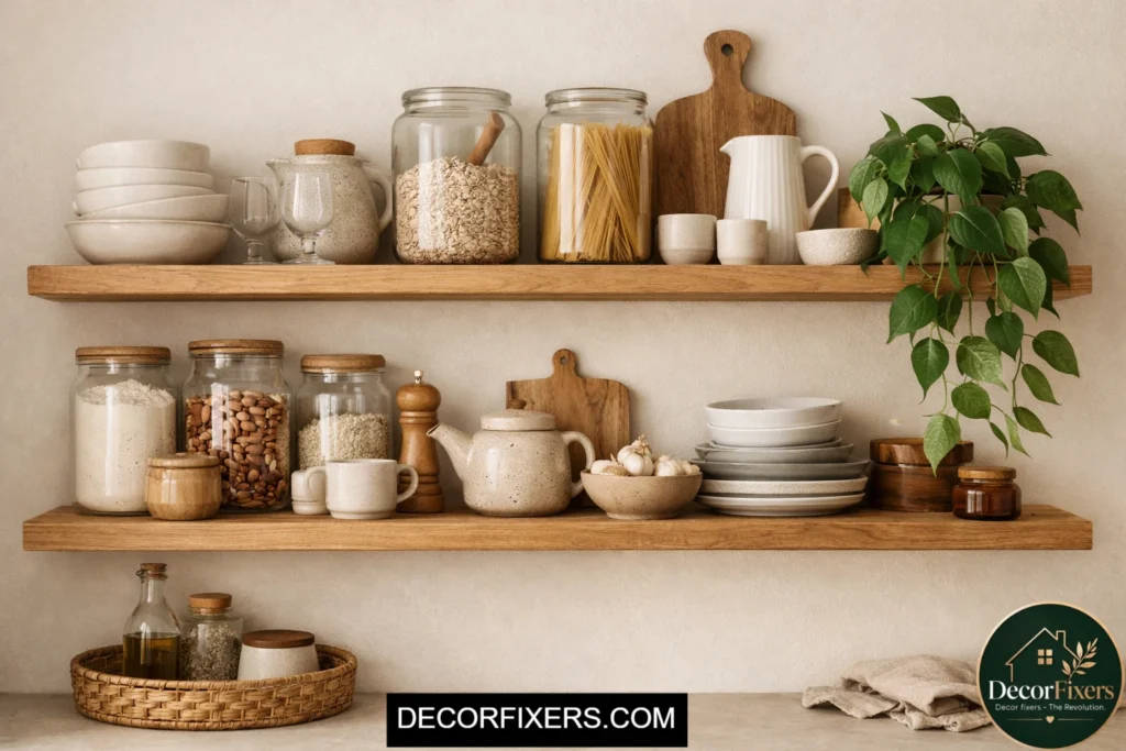 Scandinavian kitchen open shelving with ceramics and plants