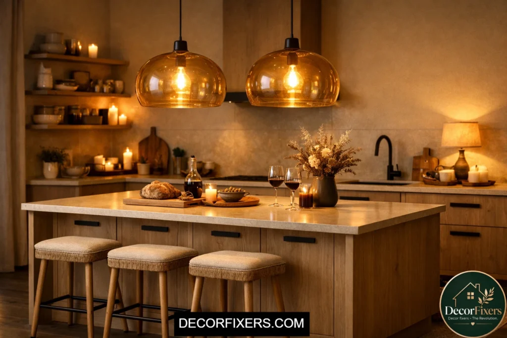 Warm pendant lighting over Scandinavian kitchen island
