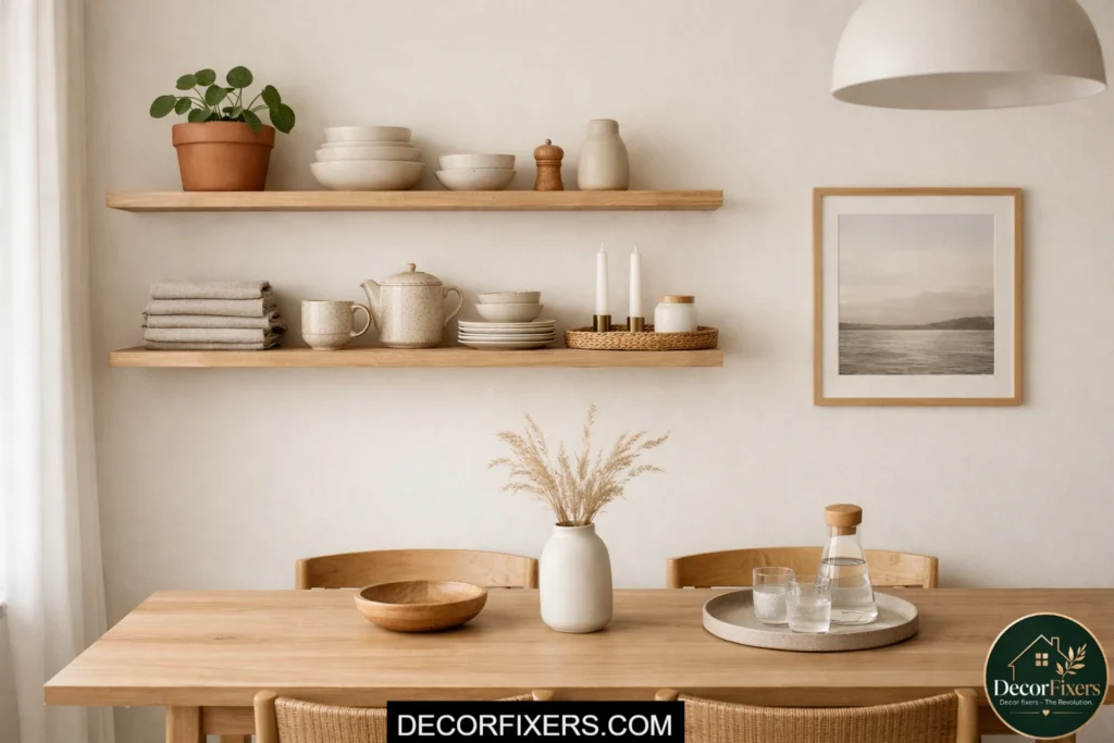 Scandinavian dining room with minimal open shelving styled with ceramics and linen