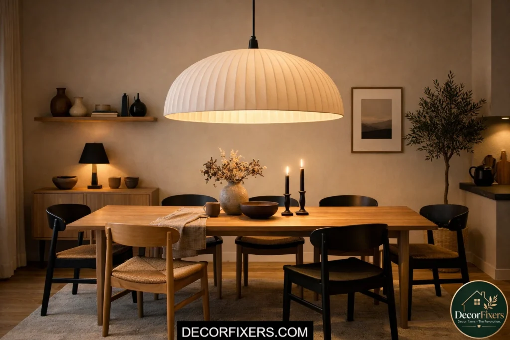 Scandinavian dining room with oversized pendant light hanging low above an oak dining table